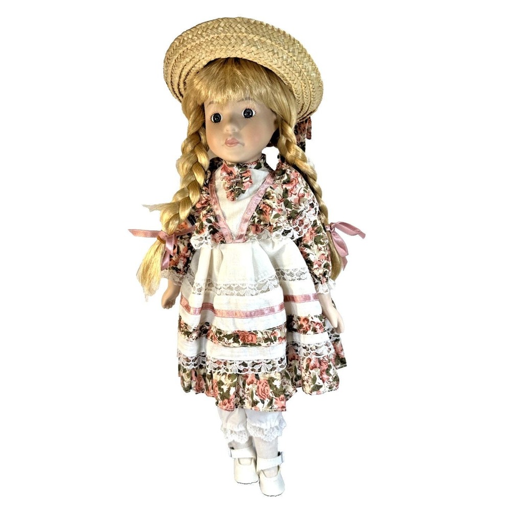 VTG Porcelain Doll Blonde Pigtails/Blue Eyes and Smock Dress with Straw Hat NIB